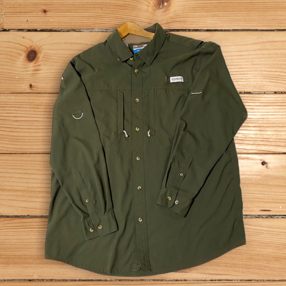 Magellan Outdoors Men’s Olive Green Fishing Gear Button Down Shirt Size XL
